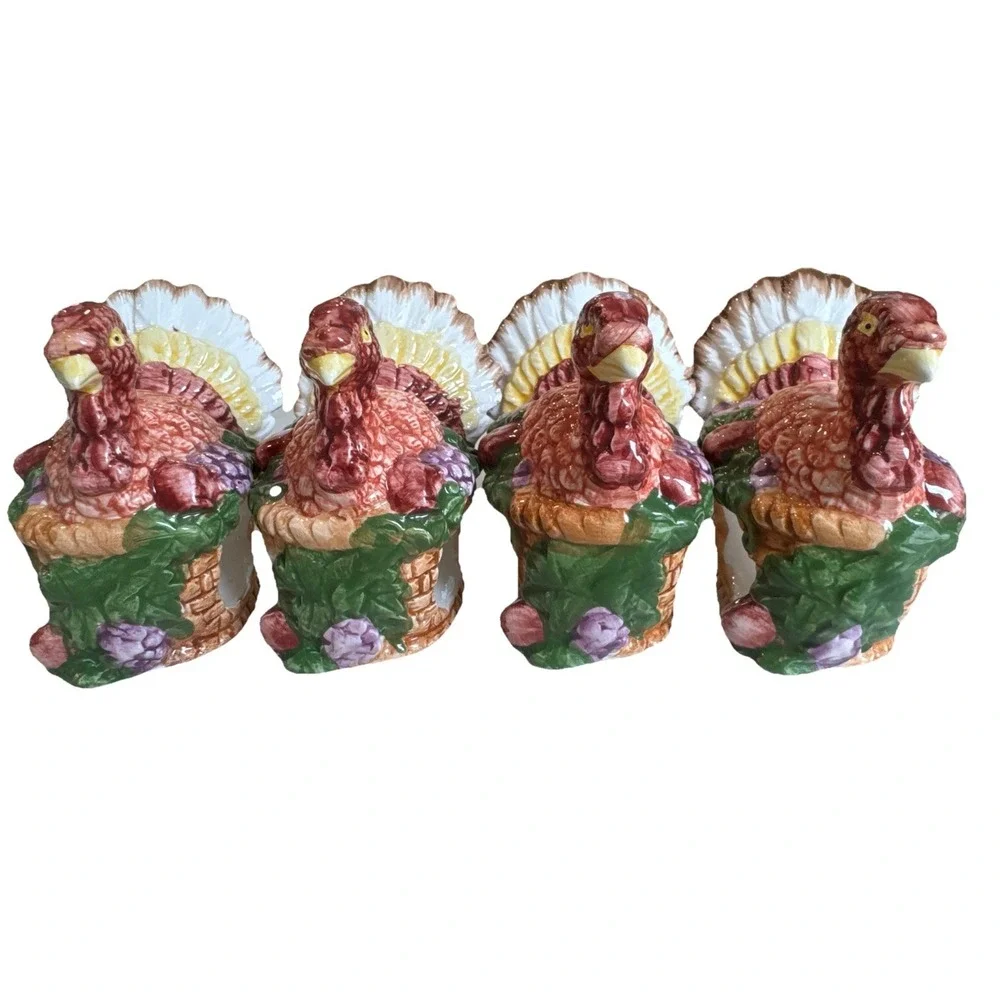VTG Ceramic Turkey Napkin Rings Holders Thanksgiving/Fall Set Of 4